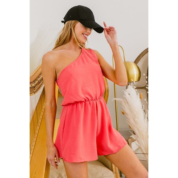 BiBi Air Flow Woven One Shoulder Romper in Coral - Picture 1 of 16